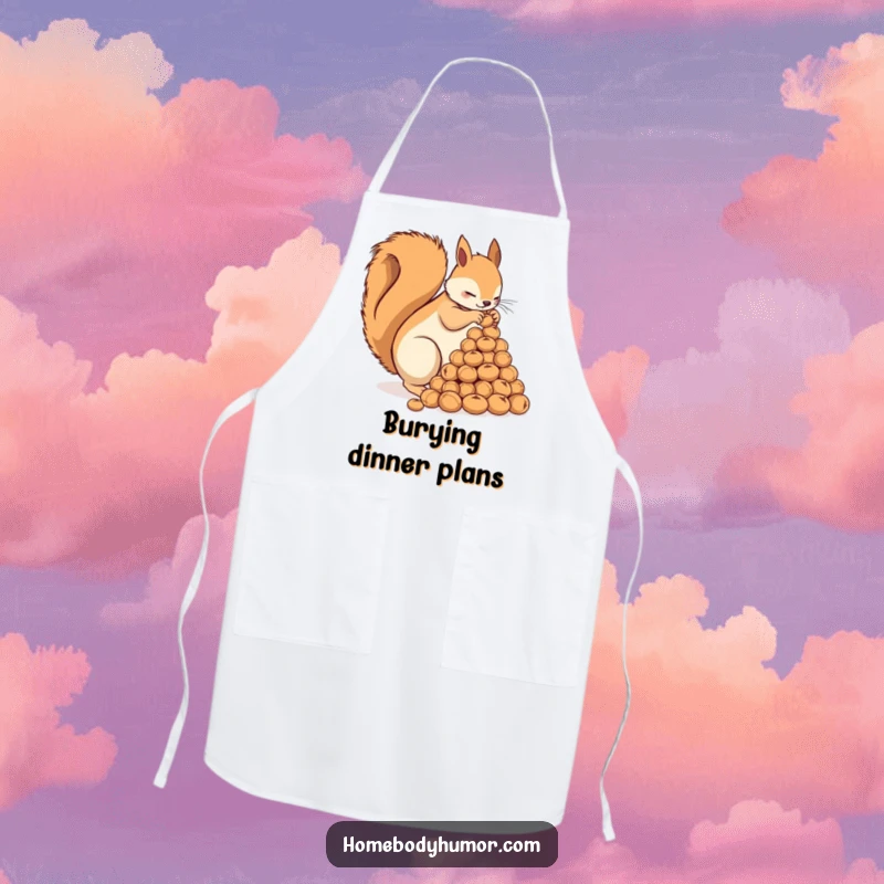 Funny Squirrel Chef Apron: A busy squirrel arranging nuts into a pyramid, perfect for kitchen fun with humor. An excellent funny gift.
