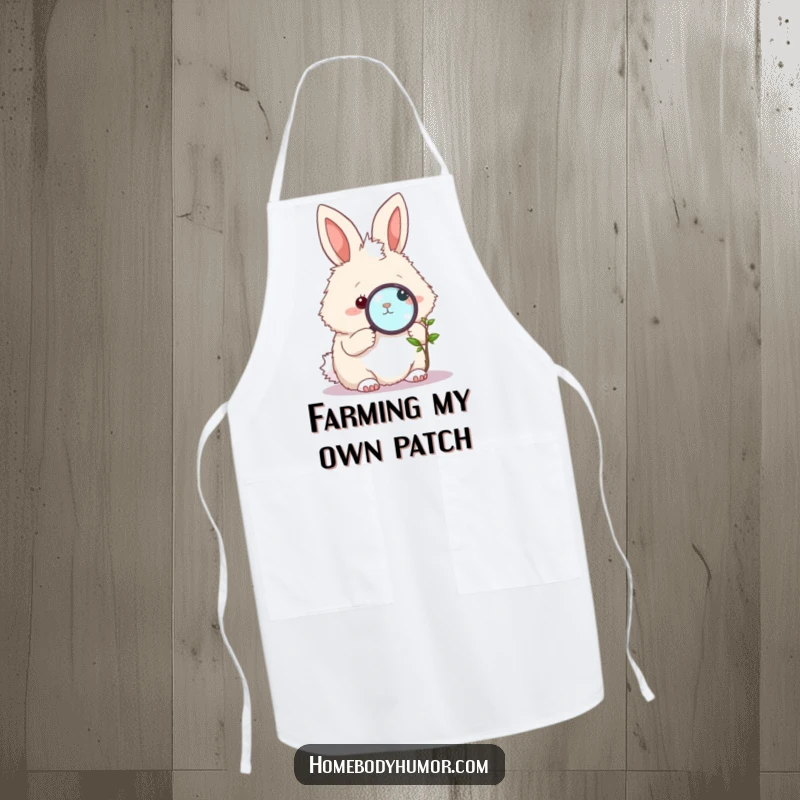Funny Bunny Gardener Apron: A fluffy bunny with a magnifying glass inspecting a tiny plant, perfect for cheerful gardening. An excellent funny gift.