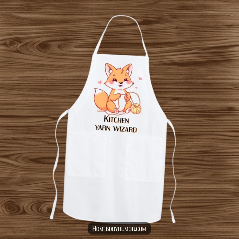 Happy fox playfully crafting with yarn apron, a humorous and practical accessory for crafters.