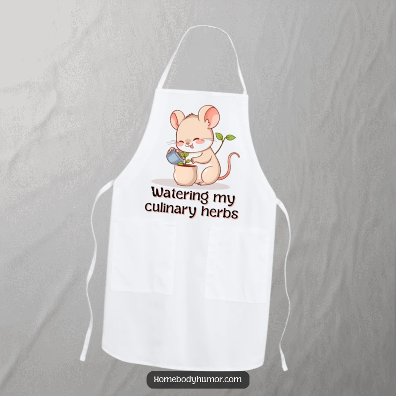 Funny gardening apron with a cheerful mouse watering a small plant, perfect for kitchen or craft activities.