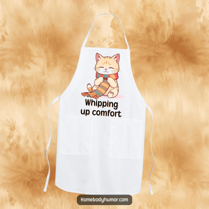 Funny Cat Knitter Apron: A contented cat knitting a long, colorful scarf, perfect for creative sessions with humor. An excellent funny gift.