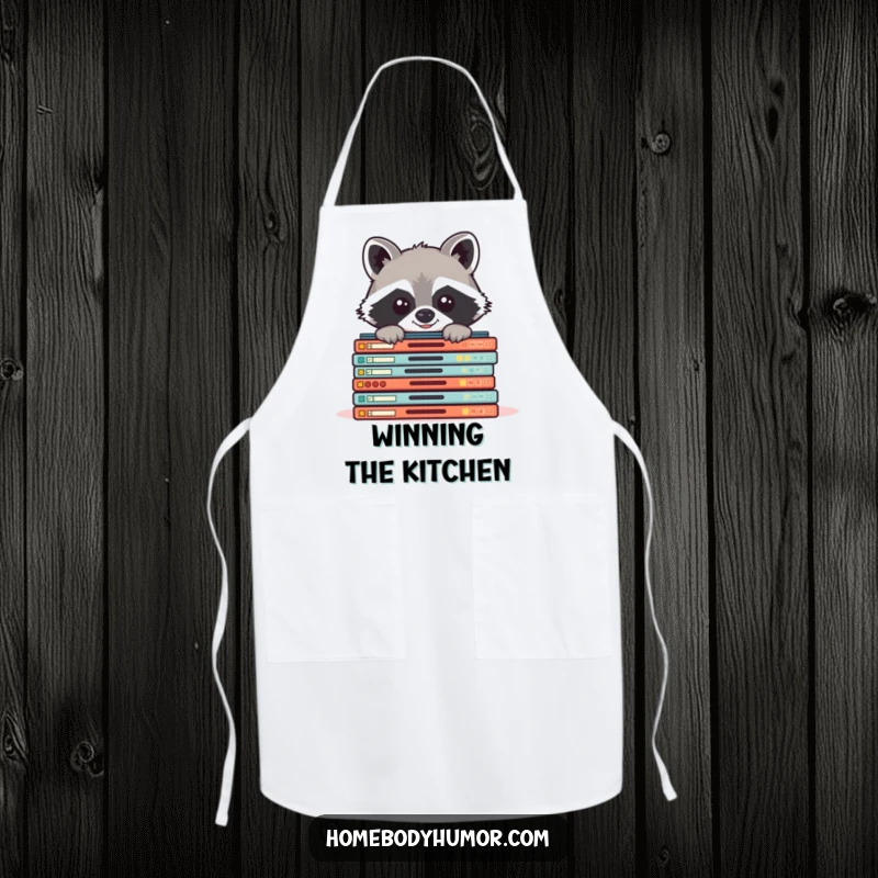Funny raccoon peeking from board games apron, a chef's funny accessory for kitchen game nights.