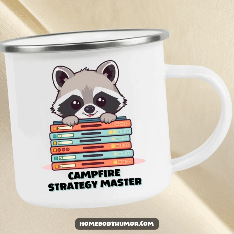 Funny raccoon peeking from board games camping mug, rugged and humorous drinkware for outdoor gaming.