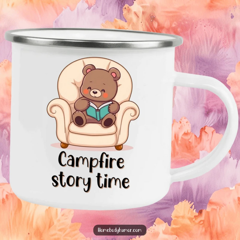 Funny bear camping mug showing a cozy bear reading a book, designed for comfortable outdoor enjoyment and humor.