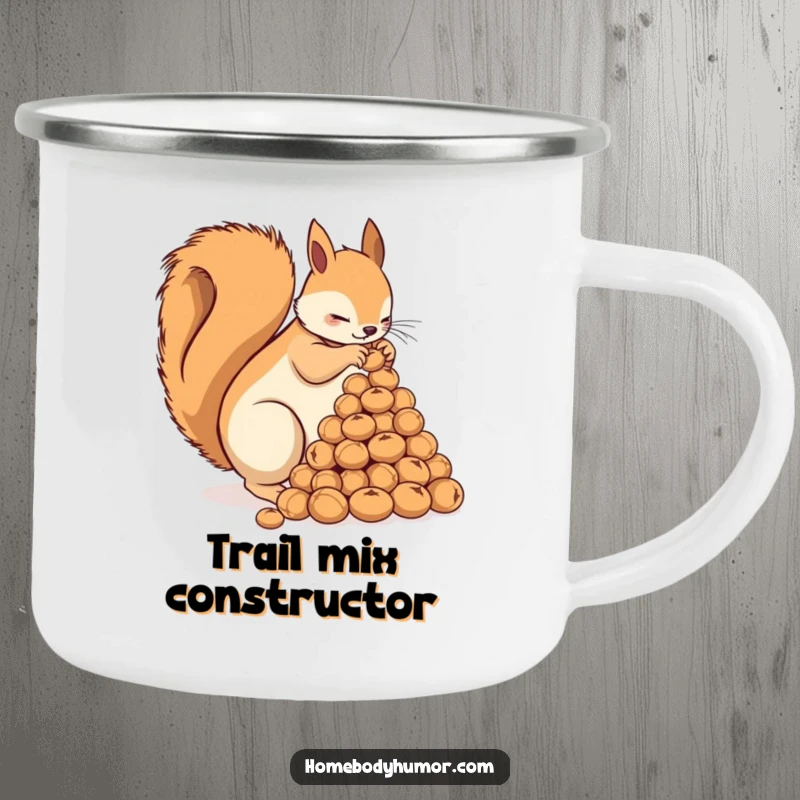 Funny Squirrel Campfire Mug: A busy squirrel arranging nuts, perfect for outdoor adventures with humorous charm. A wonderful funny gift.