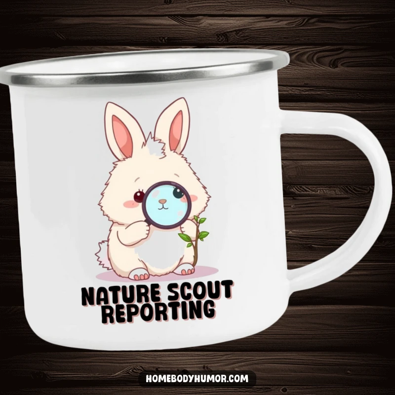 Funny Bunny Campfire Mug: A fluffy bunny with a magnifying glass peering at a tiny plant, perfect for outdoor adventures with humor. A wonderful funny gift.
