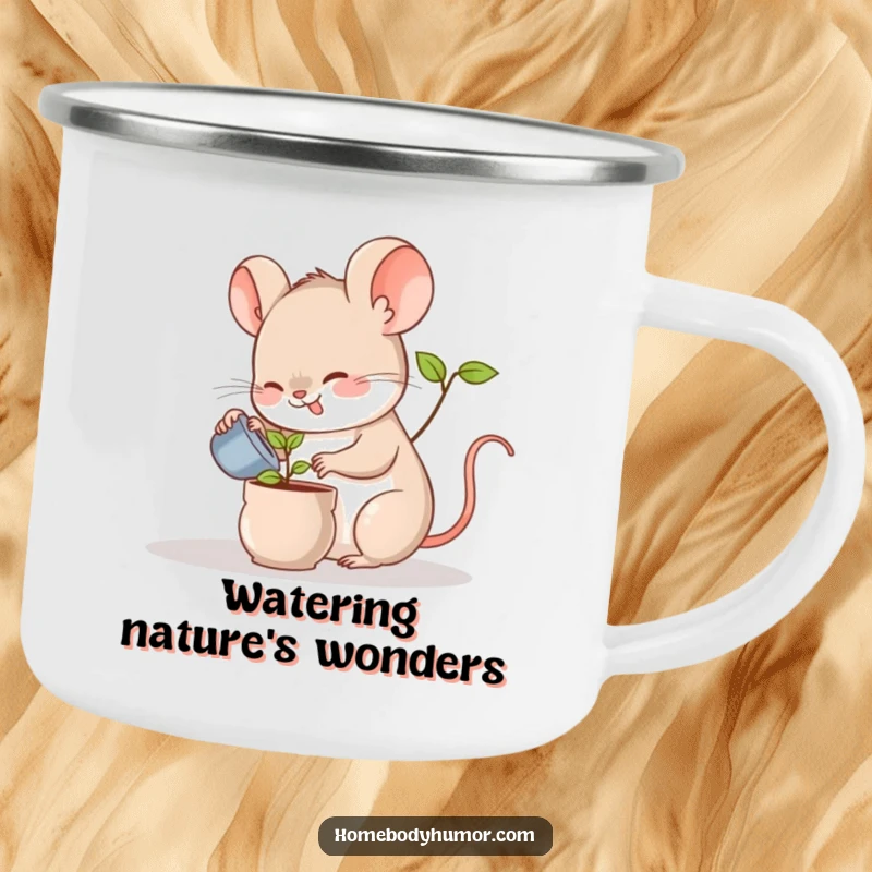 Funny camping mug with a cheerful mouse watering a tiny plant, perfect for outdoor enthusiasts and plant lovers.