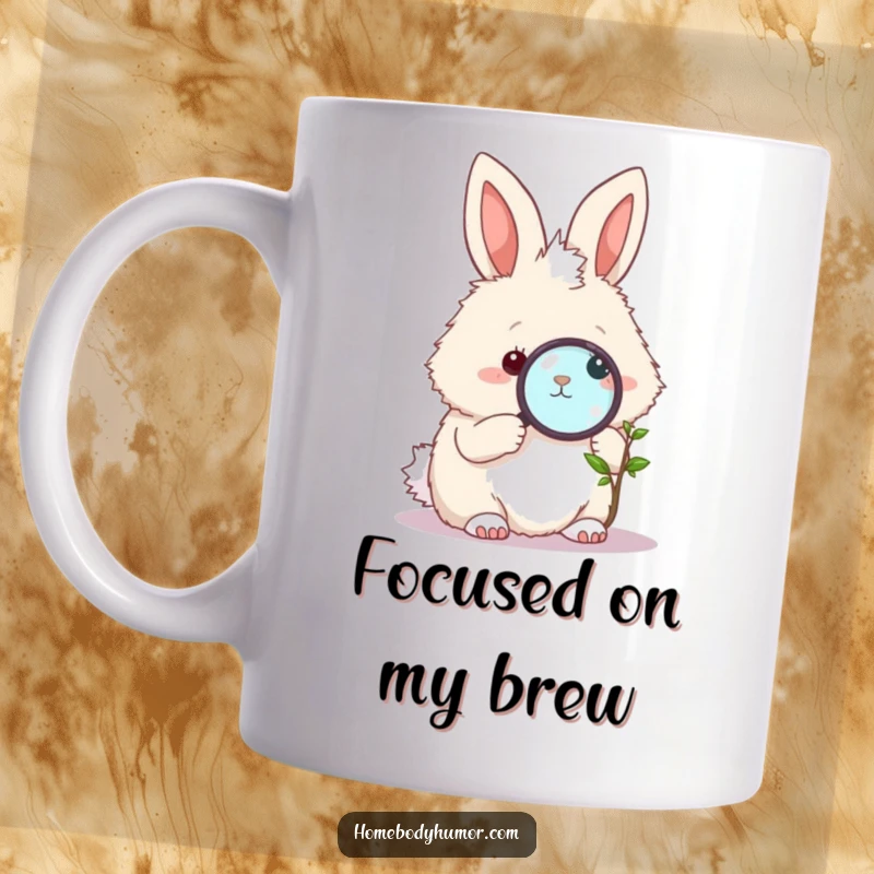 Funny Bunny Botanist Mug: A fluffy bunny examining a tiny plant with a magnifying glass, showcasing curiosity and humor. An excellent funny gift.