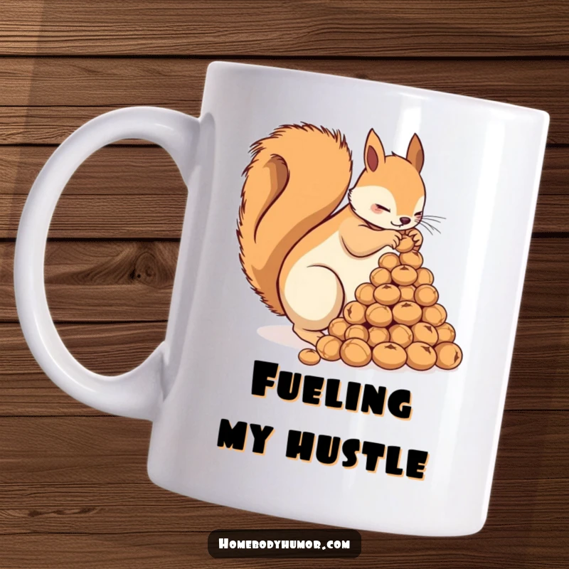 Funny Squirrel Nut Mug: A busy squirrel meticulously arranging a pyramid of nuts, showcasing hoarding humor. An excellent funny gift.