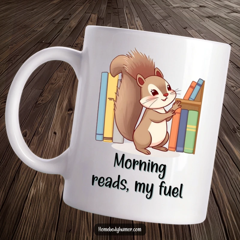 Funny squirrel energetically tidying a shelf of books mug, showcasing a busy critter with literary passion.