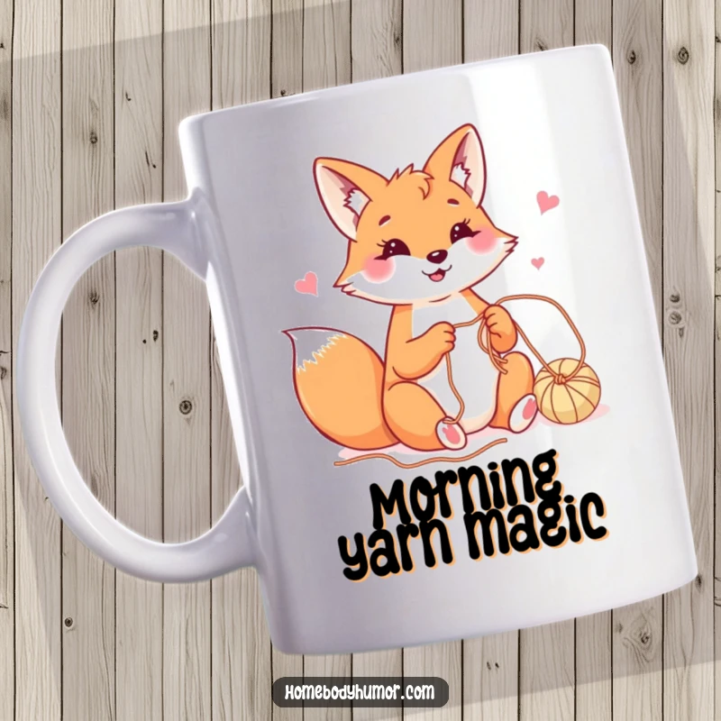 Happy fox playfully crafting with yarn mug, showcasing a joyful creator with a passion for knitting.