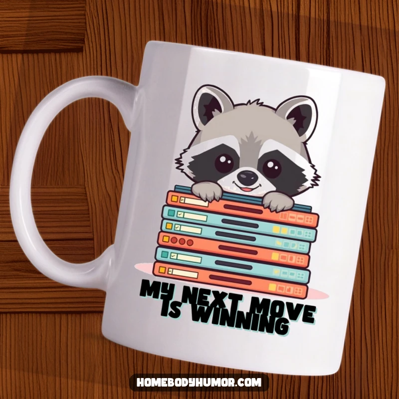 Funny raccoon peeking from behind board games mug, capturing a moment of playful anticipation for game night fun.