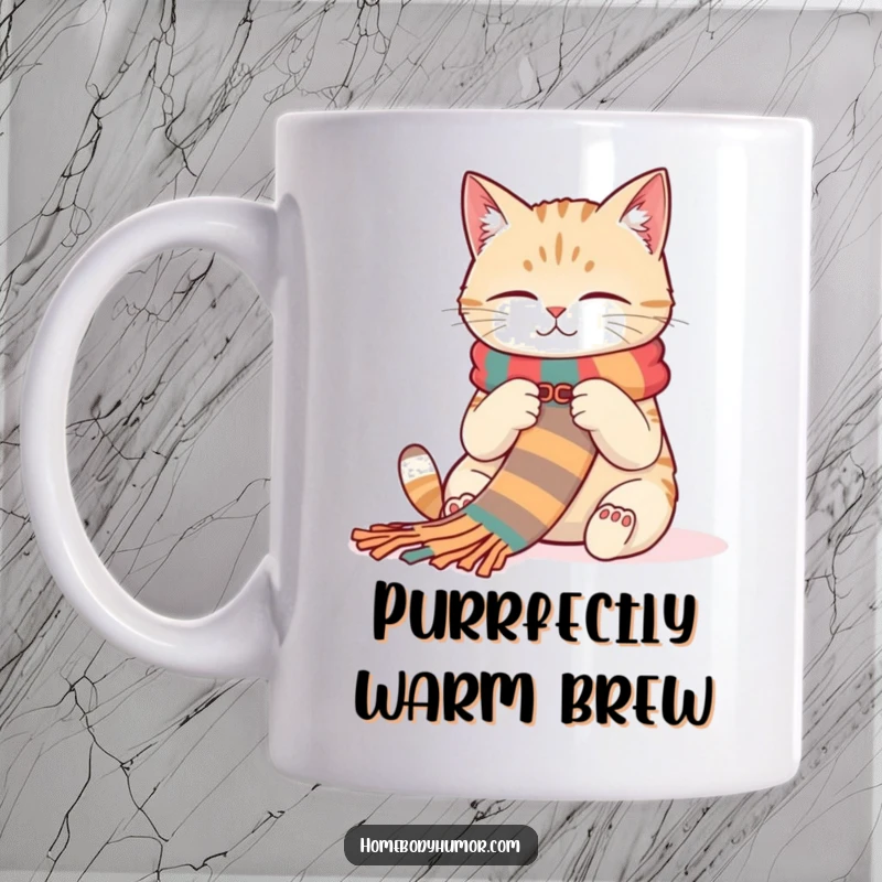 Funny Cat Knitter Mug: A contented cat comfortably knitting a long, colorful scarf, radiating calm and humor. An excellent funny gift.