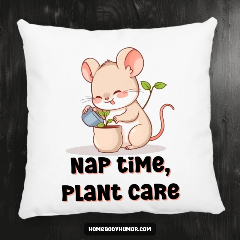 Funny mouse plant pillow with a cheerful mouse watering a miniature plant, adding a cozy and cute touch to home decor.