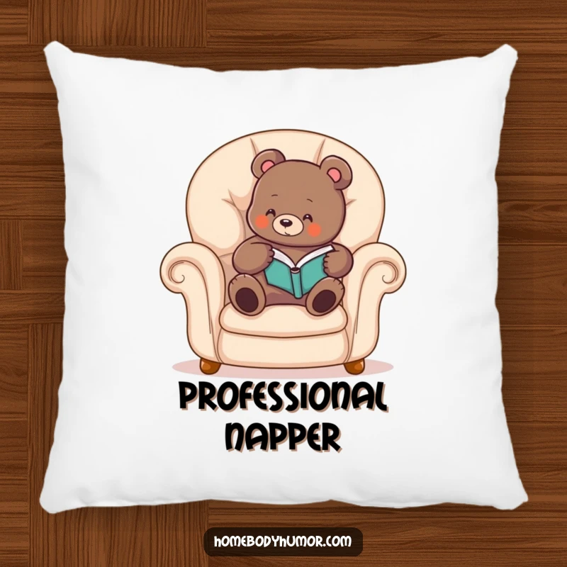 Funny bear pillow featuring a cozy bear reading a book, offering comfort and a touch of humorous relaxation.