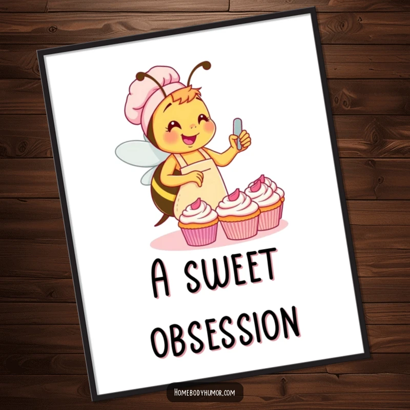 Funny Bee Digital Art Print: A busy bee in an apron joyfully frosting cupcakes, offering sweet and humorous wall decor. A great funny gift.