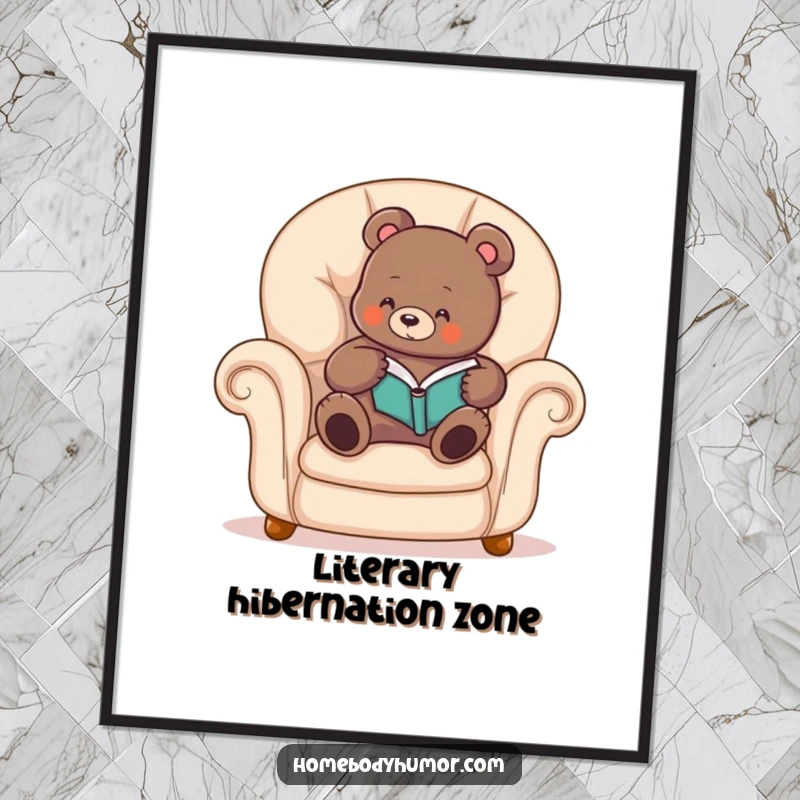 Funny bear digital art print of a cozy bear reading a book, perfect for instant, comforting wall decor.