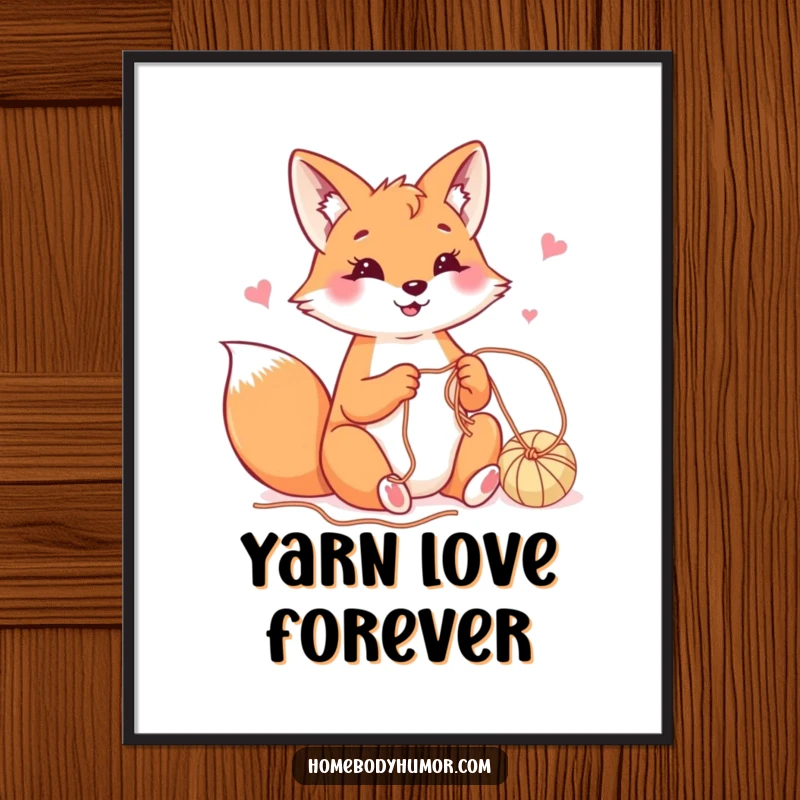 Happy fox playfully crafting with yarn digital art print, a charming and humorous illustration for makerspaces.