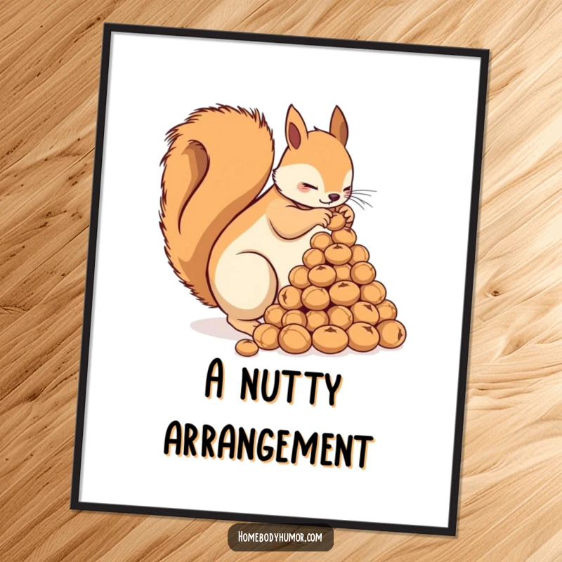 Funny Squirrel Digital Art Print: A busy squirrel arranging nuts into a pyramid, offering playful and humorous wall decor. A great funny gift.