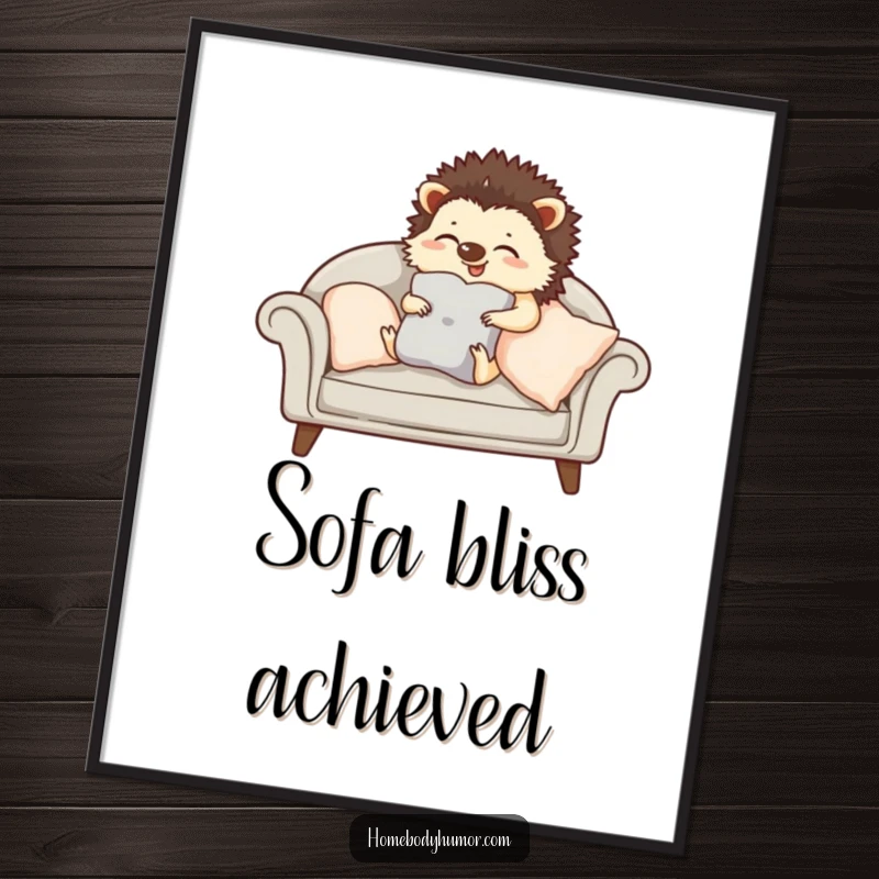 Giggling hedgehog carefully arranging cushions on a sofa digital art print, a charming and humorous illustration for home decor.