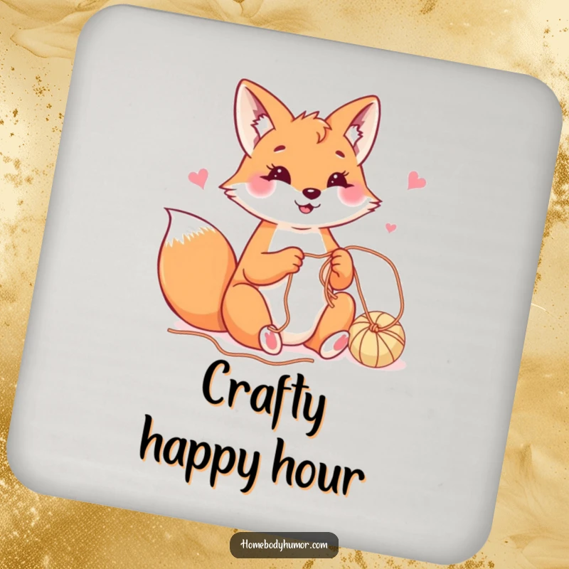 Happy fox playfully crafting with yarn coasters, cute and humorous protectors for tabletops.