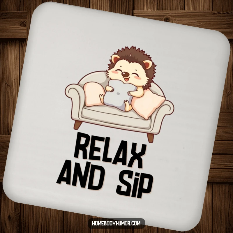 Giggling hedgehog carefully arranging cushions on a sofa coasters, cute and humorous protectors for tabletops.