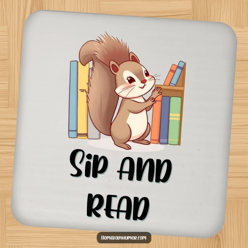 Funny squirrel energetically tidying a shelf of books coasters, cute and humorous protectors for tabletops.
