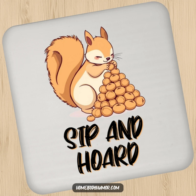 Funny Squirrel Coasters: A busy squirrel arranging nuts into a pyramid, adding nutty humor while protecting surfaces. A perfect funny gift.
