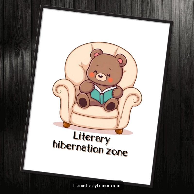 Funny bear poster showing a cozy bear comfortably reading a book in an armchair, bringing relaxation and humor to decor.