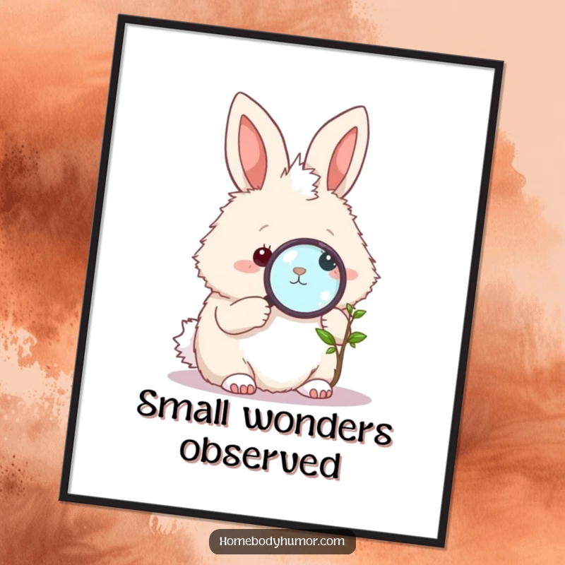 Funny Bunny Poster: A fluffy bunny peering closely at a tiny plant through a magnifying glass, adding whimsical humor to decor. Perfect funny gift.