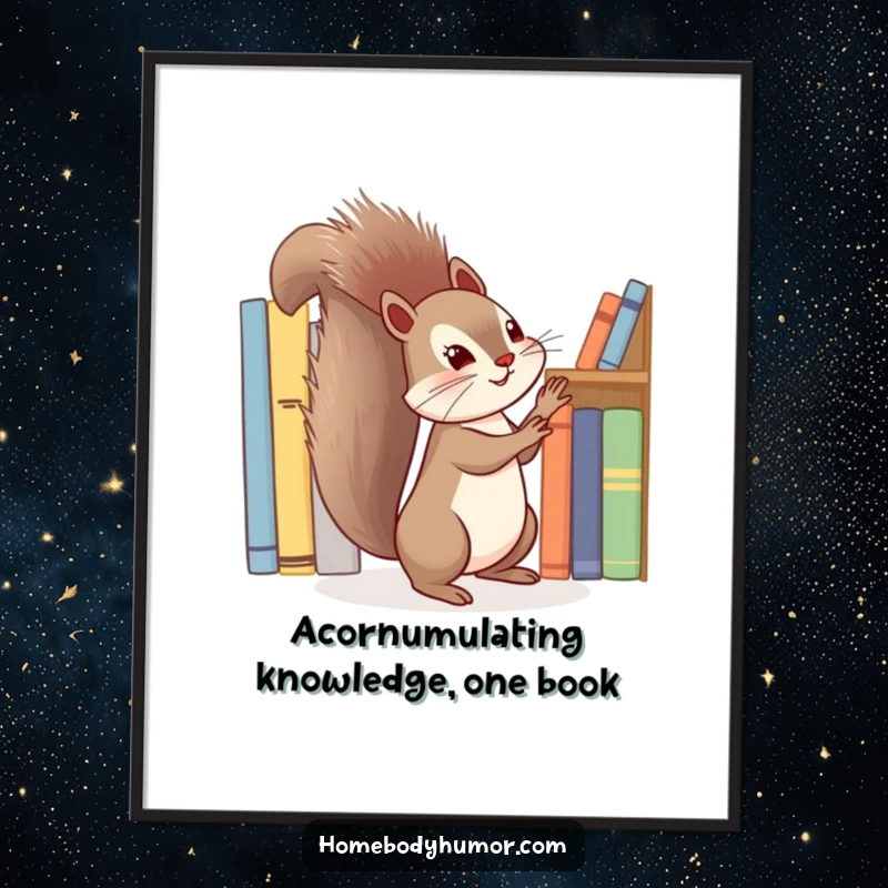 Funny Free Printable Wall Art: Playful squirrel energetically tidying books on a shelf, perfect for readers, downloadable decor.