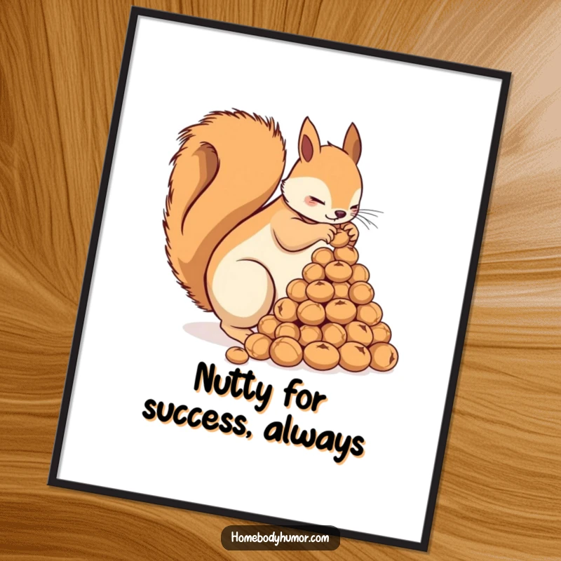 Funny Free Printable wall art depicting a busy squirrel with great focus, arranging nuts into a perfect pyramid shape.