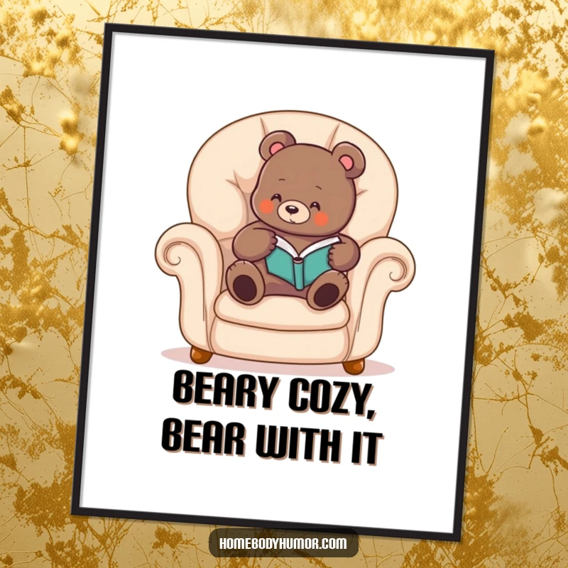 Funny Free Printable Wall Art: A bear peacefully curled up in a plush armchair, lost in the pages of a book.