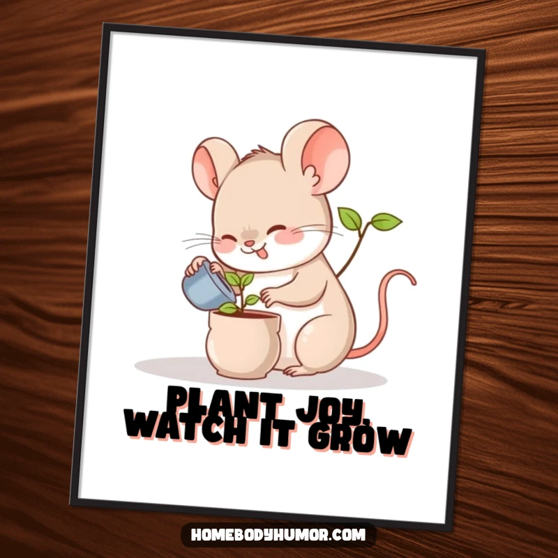 Funny Free Printable Wall Art of a happy mouse carefully watering a tiny potted plant, perfect for a whimsical room.