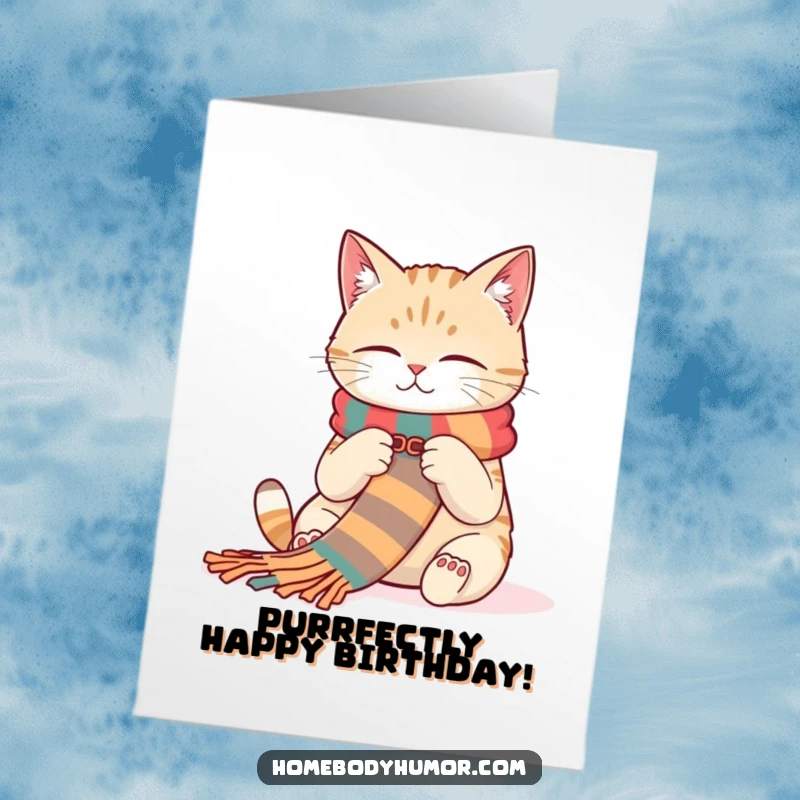 Funny Free Printable birthday card featuring a contented cat comfortably knitting a very long, vibrant, colorful scarf.