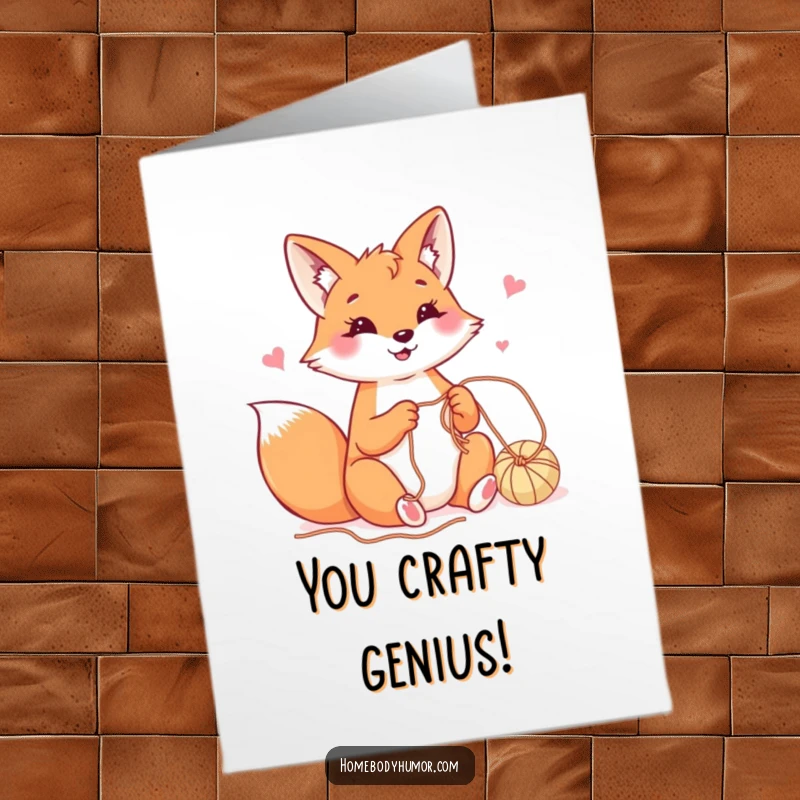 Funny Free Printable Congratulations Card: Happy fox crafting with yarn, celebrating a project completion, downloadable, artsy.