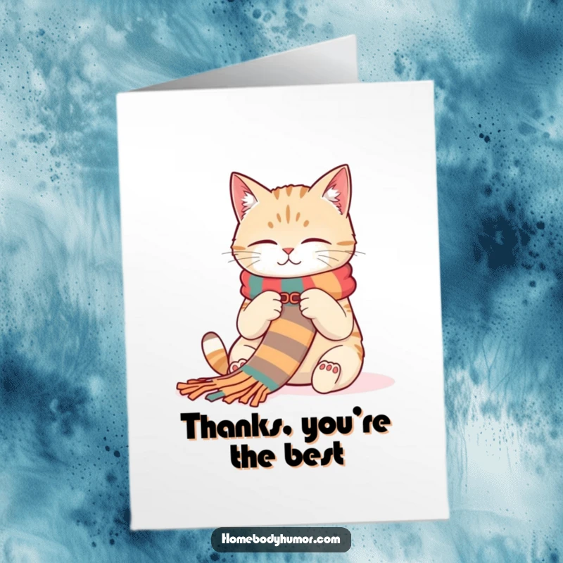 Funny Free Printable thank you card with a cozy cat happily knitting a long, multi-colored scarf.