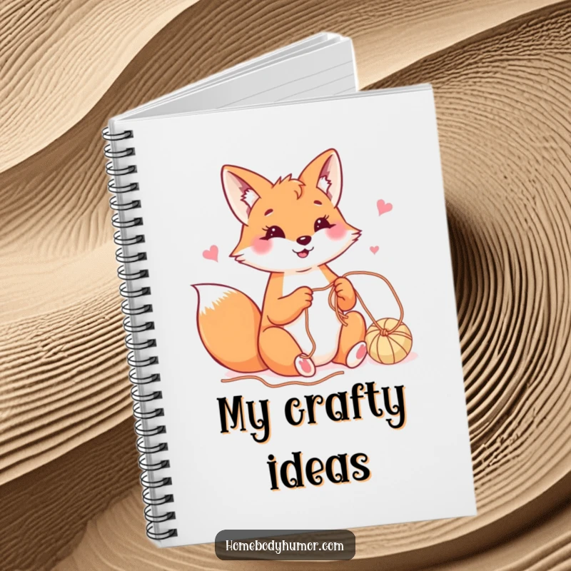 Happy fox playfully crafting with yarn notebook, a delightful journal for craft plans and ideas.