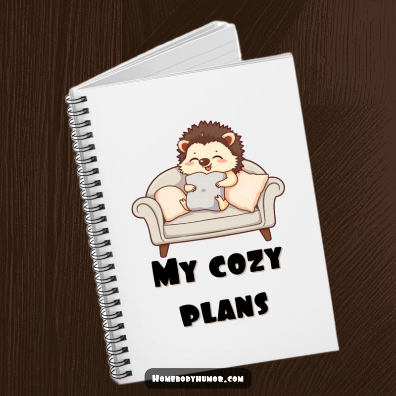 Giggling hedgehog carefully arranging cushions on a sofa notebook, a delightful journal for home decor ideas.