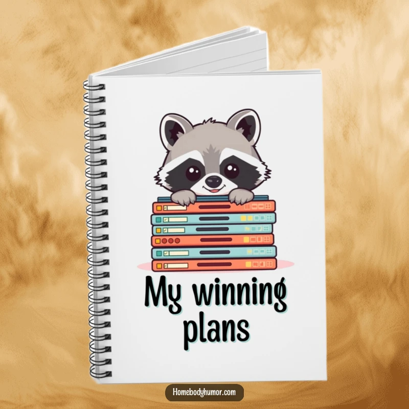 Funny raccoon peeking from board games notebook, a charming journal for game strategies and notes.