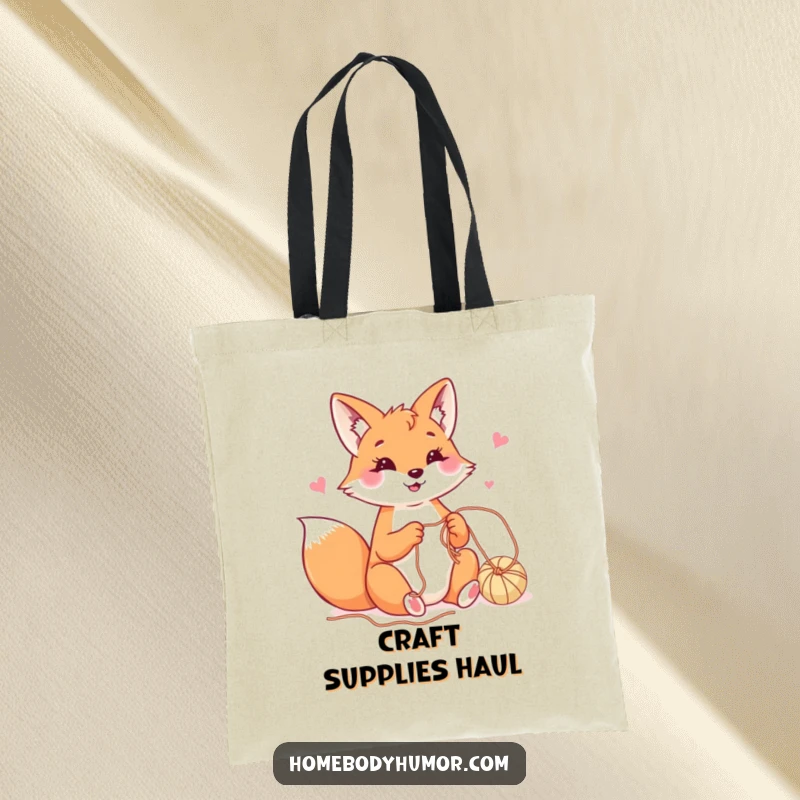 Happy fox playfully crafting with yarn tote bag, a spacious and amusing bag for craft supplies.