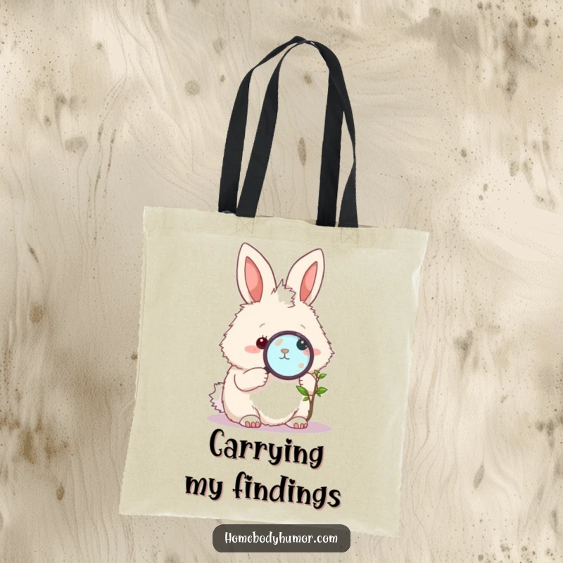 Funny Bunny Garden Tote Bag: A fluffy bunny using a magnifying glass to inspect a tiny plant, perfect for carrying items with humor. A great funny gift.