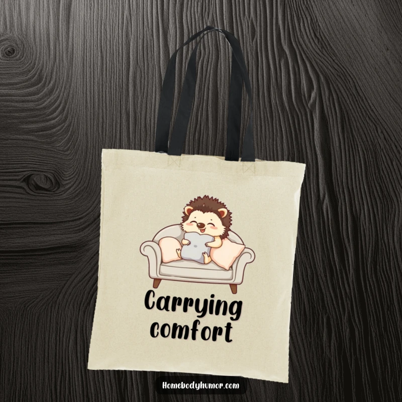 Giggling hedgehog carefully arranging cushions on a sofa tote bag, a spacious and amusing bag for home essentials.