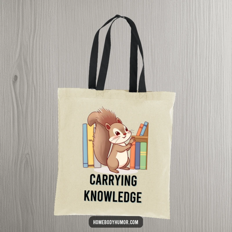 Funny squirrel energetically tidying a shelf of books tote bag, a capacious and amusing bag for book transport.