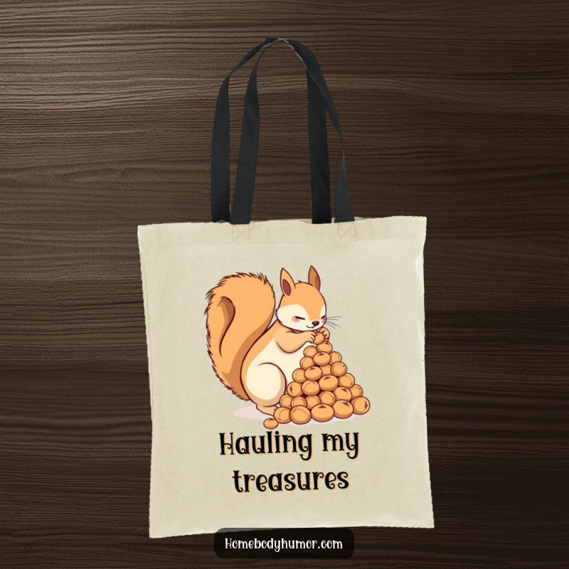 Funny Squirrel Nut Tote Bag: A busy squirrel arranging nuts into a pyramid, perfect for carrying essentials with humor. A great funny gift.