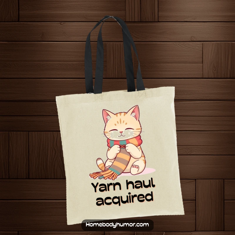 Funny Cat Knitting Tote Bag: A contented cat knitting a scarf, perfect for carrying yarn and supplies with humor. A great funny gift.